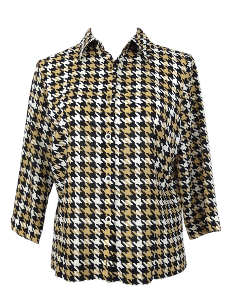Vintage 90s Y2K Mod Preppy Chic Black & Beige Houndstooth Print Collared 3/4 Sleeve Button Up Blouse | Size S