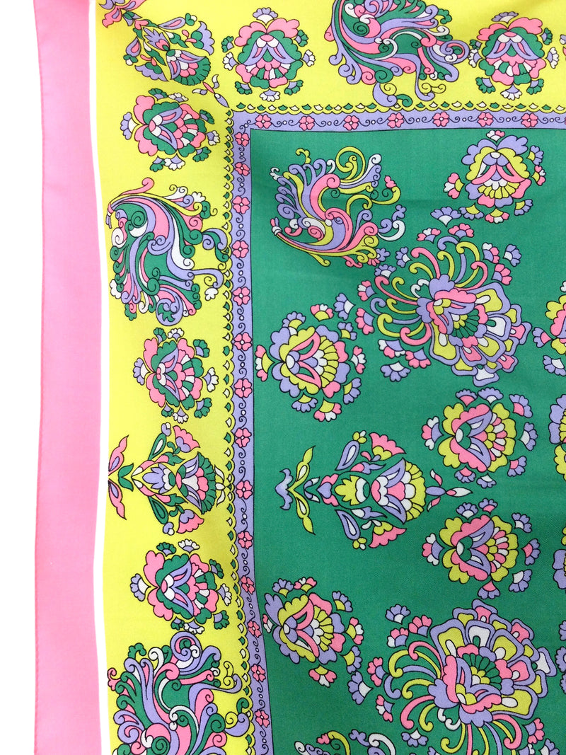 Vintage 60s Mod Psychedelic Kitsch Neon Bright Pink Green & Yellow Abstract Fleur-de-Lis Patterned Small Square Bandana Neck Tie Scarf