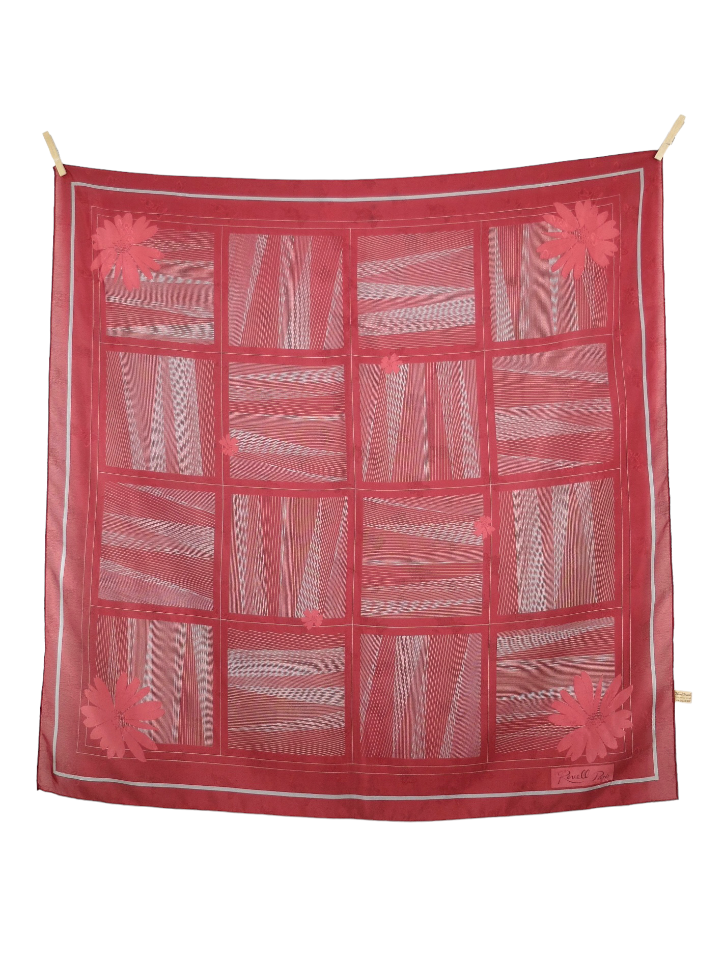 Vintage 70s Mod Hippie Red & Grey Abstract Floral Patterned Crepe-de-Chine Signed Square Bandana Neck Tie Scarf with Hand-Rolled Hem