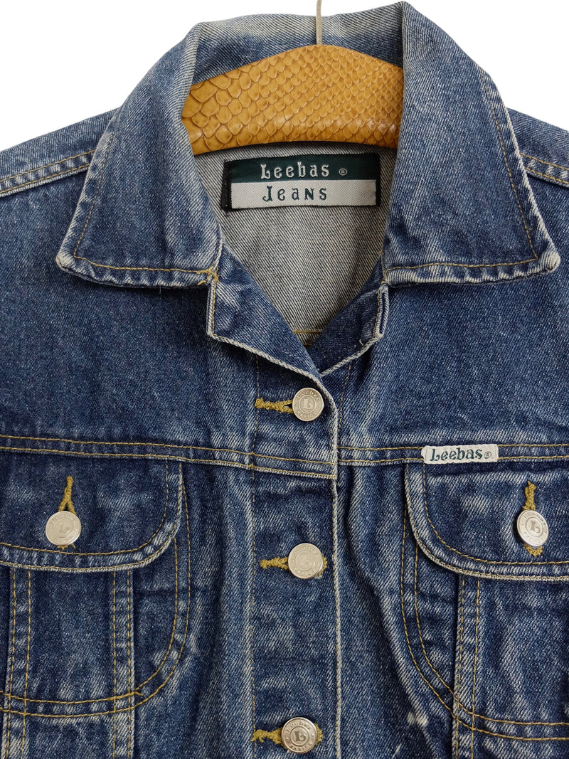 Vintage 80s Utilitarian Western Bohemian Dark Wash Collared Button Down Denim Jean Jacket | Women’s Size S