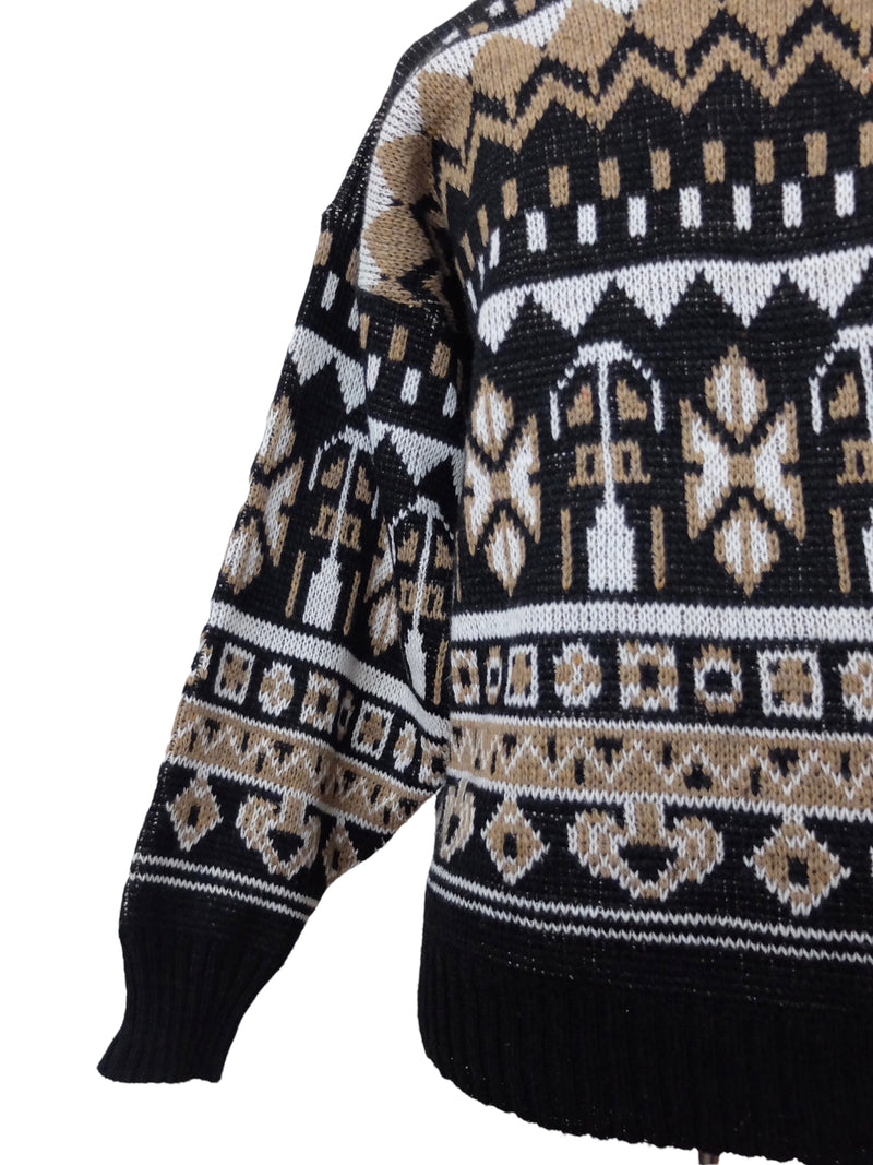 Vintage 80s Bohemian Hippie Outerwear Nordic Knit Abstract Geometric Patterned Cotton Brown & Black High Mockneck Pullover Sweater Jumper | Size S