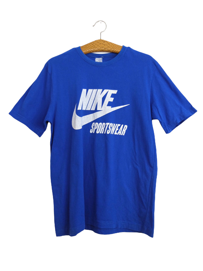 Vintage 80s Nike Sportswear Logo Bright Blue Basic Crew Neck Short Sleeve Cotton T-Shirt