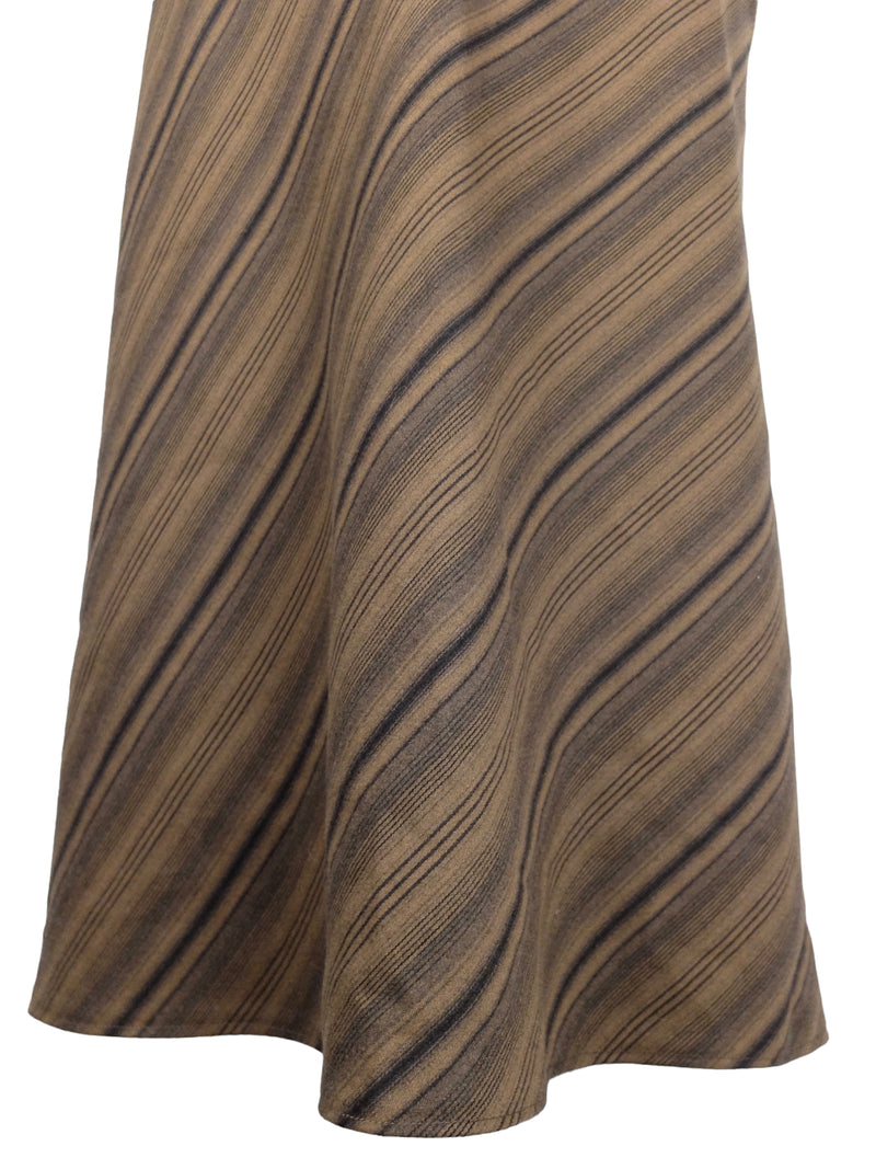 Vintage 90s Bohemian Hippie Cottage Brown & Black Diagonal Striped Mid-Rise Circle Midi Skirt | 32 Inch Waist