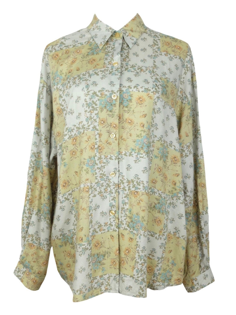 Vintage 70s Hippie Cottagecore Prairie Milkmaid Yellow & Cream Floral Print Collared Long Sleeve Soft Button Up Shirt | Size L-XL
