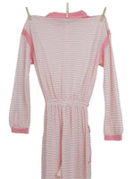 Vintage 70s Mod Hippie Chic Pastel Pink & White Striped Collared Long Sleeve Button Up Jumpsuit with Waist Tie | Size XS