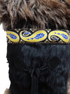 Vintage 90s Buffalo London Hippie Festival Style Black & Brown Furry Knee High Side Zip Up Eskimo Boots with Paisley Print Trim | Women’s Size US 7.5 | UK 5-6 | EU 38-39