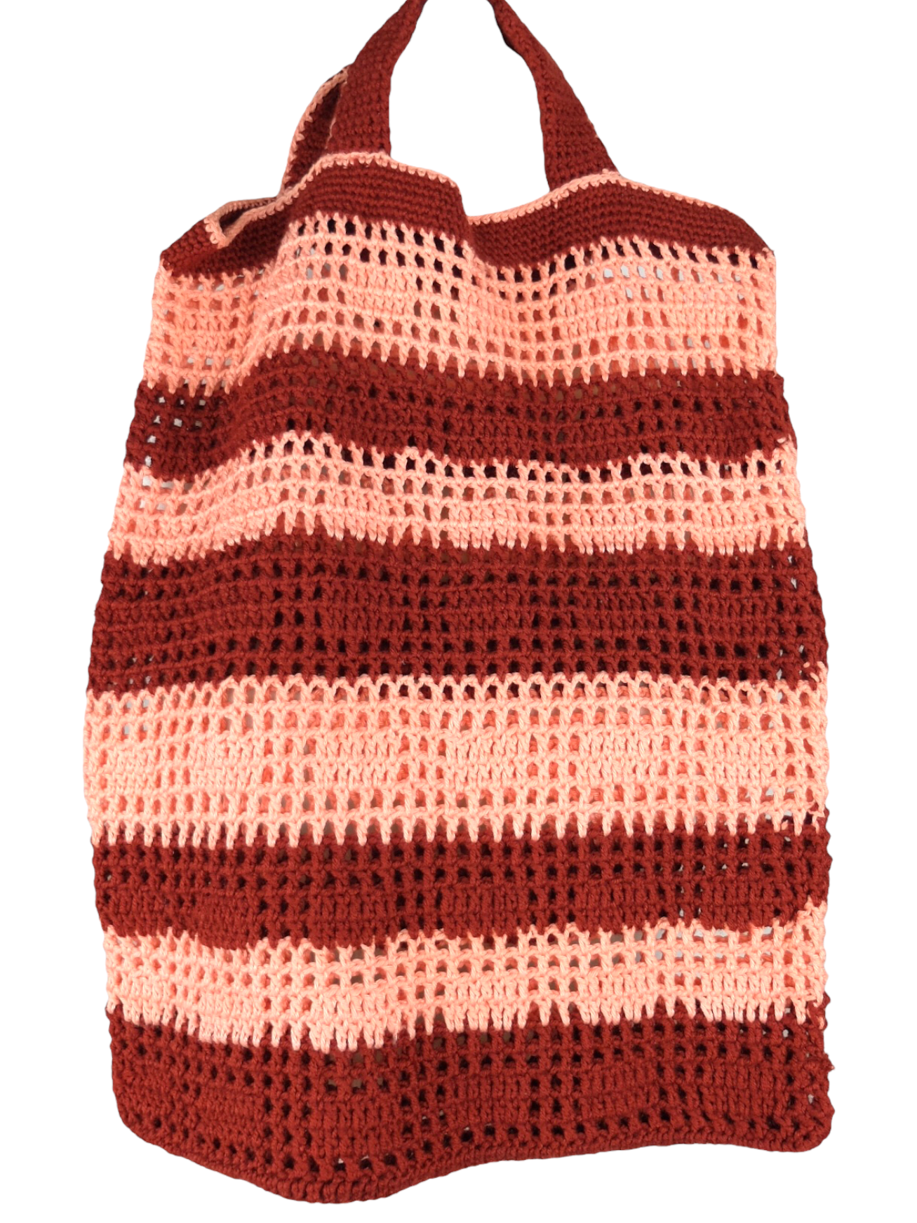 Vintage 60s Mod Kitsch Hippie Retro Handmade Maroon & Peach Striped Crocheted Knit Top Handle Tote Bag