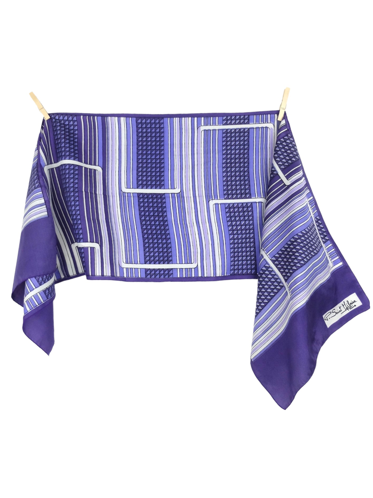 Vintage 60s Mod Op-Art Psychedelic Purple Abstract Patterned Long Wide Neck Tie Wrap Scarf
