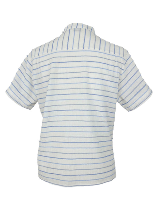 Vintage 60s Nautical Mod Blue & White Striped Mockneck Short Sleeve Cheesecloth Cotton Button Up Shirt with Front Pocket | Size XS-S
