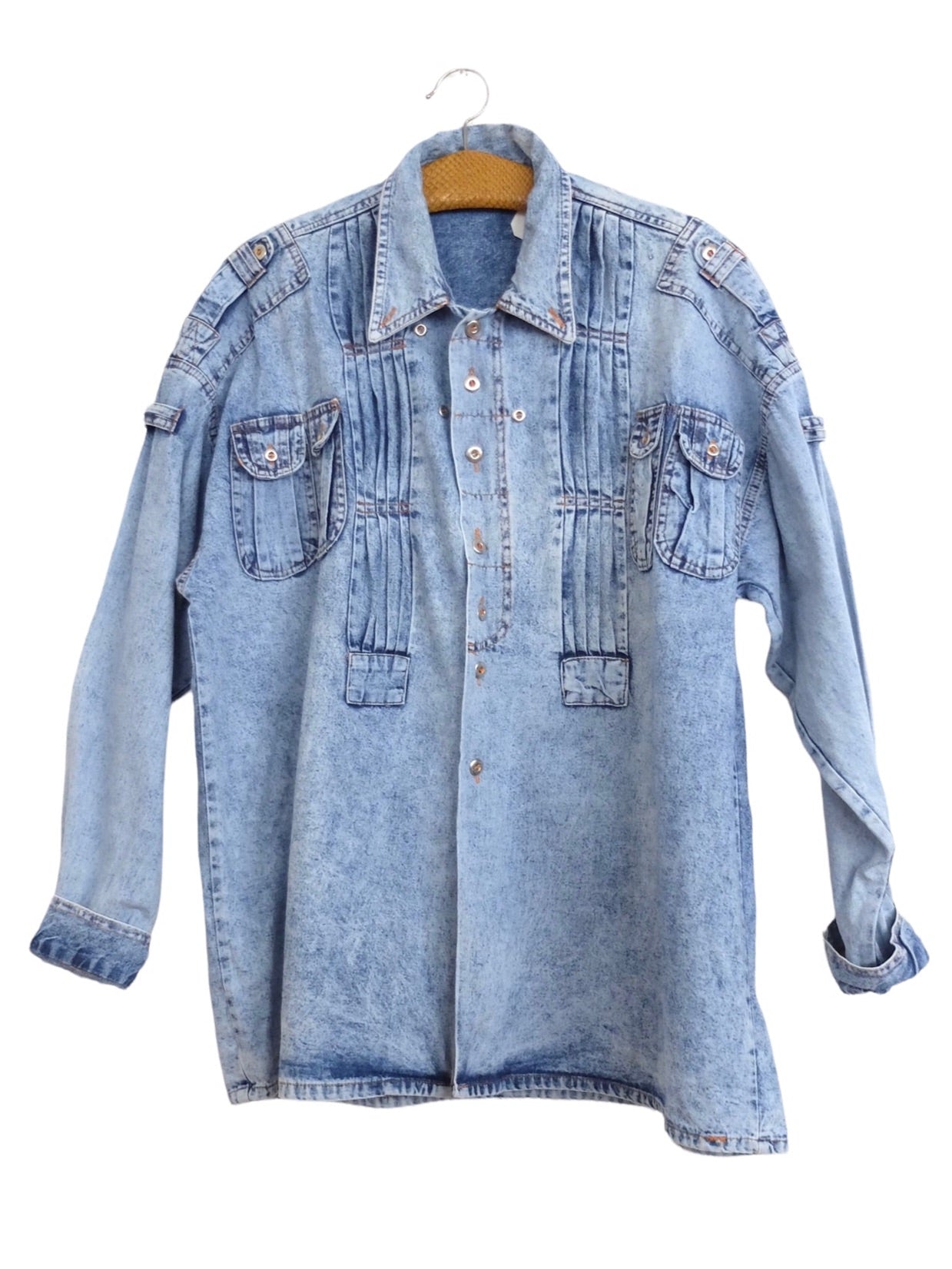 Vintage 80s Bohemian Streetwear Utilitarian Acid Wash Collared Long Sleeve Button Up Shirt | Men’s Size L | Women’s Size XXL