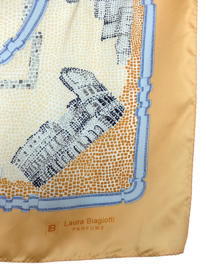 Vintage 90s Laura Biagiotti Perfumes Silk Chic Orange Beige & Blue Logo Large Square Bandana Neck Tie Scarf