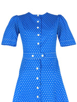 Vintage 60s Mod Psychedelic Cottage Prairie Gogo Style Blue White Polka Dot Button Down Half Sleeve Fit & Flare Above-the-Knee Skater Circle Mini Dress | Size S-M