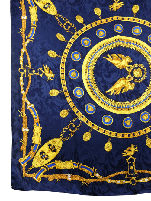 Vintage 90s Silk Celestial Angels Baroque Chain Patterned Navy Blue & Gold Large Square Bandana Neck Tie Scarf