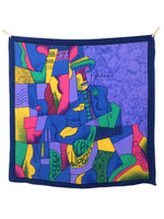 Vintage 80s Funky Avant-Garde Picasso Purple & Multicoloured Large Square Bandana Shawl Neck Tie Scarf