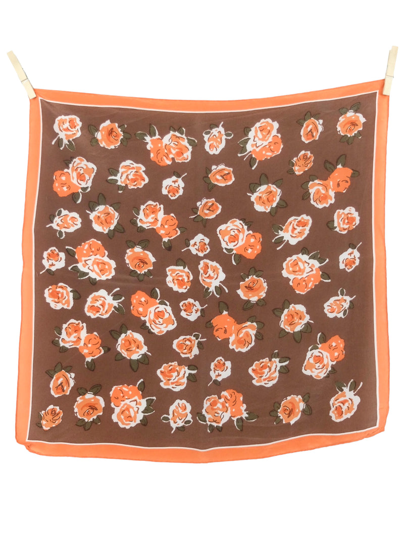Vintage 90s Silk Bohemian Cottage Brown & Orange Floral Rose Patterned Small Square Bandana Neck Tie Scarf