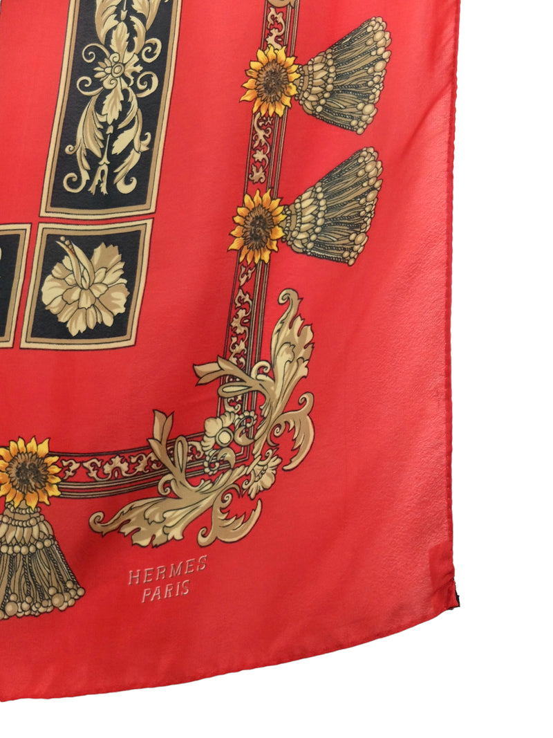 Vintage Hermes Sunflower Floral Patterned Red Large Square Bandana Neck Tie Scarf with Handrolled Hem
