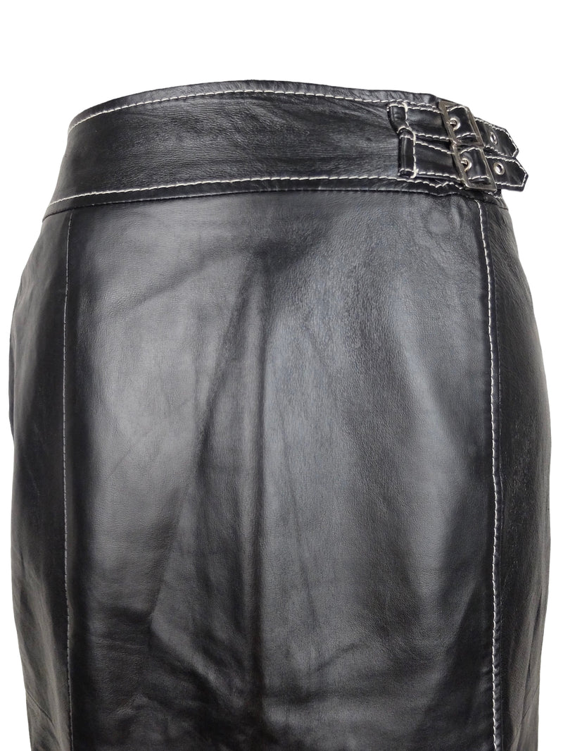 Vintage 90s Y2K Black Leather Grunge Punk Black Leather Moto Below-the-Knee Midi Pencil Skirt with Buckle Detail | 28 Inch Waist