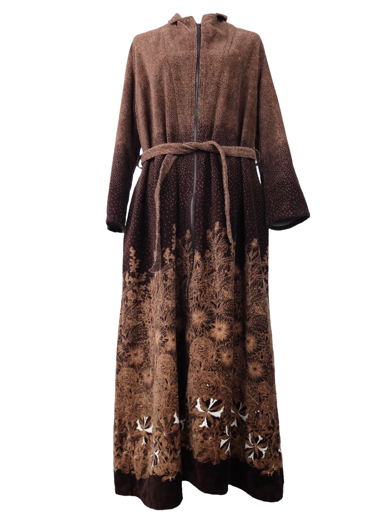 Vintage 70s Mod Hippie Bohemian Brown Velour Terry Cloth Zip Down Long Maxi Floor Length Winter Dressing Gown Robe | Size L