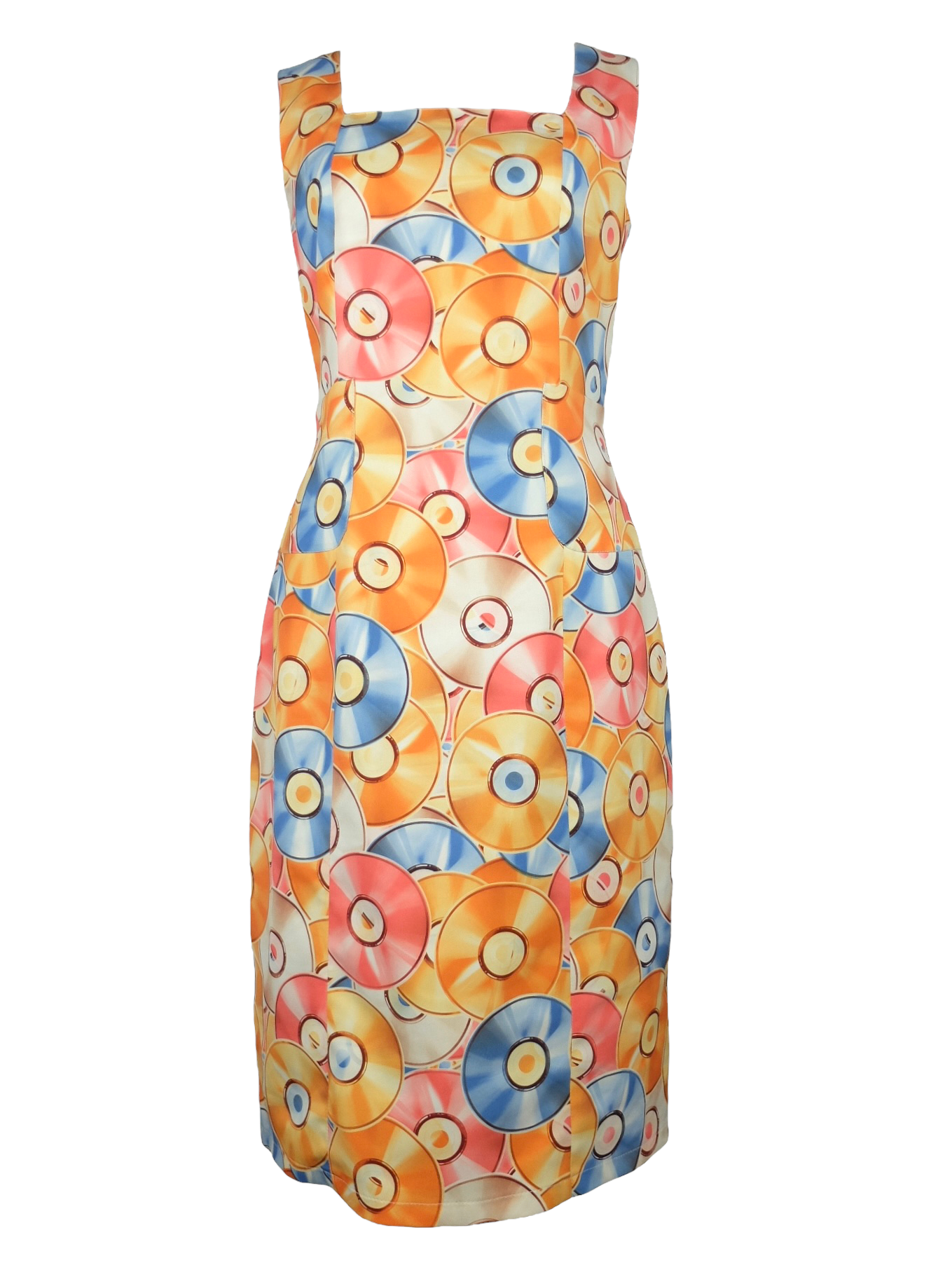 Vintage 2000s Y2K Abstract CD Print Square Neck Sleeveless Below-the-Knee Midi Pencil Going-Out Dress | Size S