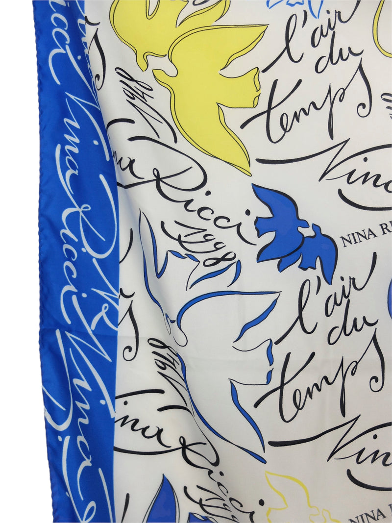 Vintage 90s Nina Ricci Bohemian Blue & Yellow Abstract Bird & Logo Patterned Large Square Bandana Neck Tie Scarf with Hand-Rolled Hem