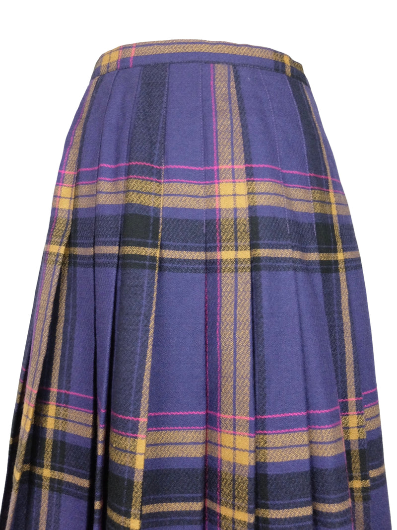 Vintage 80s Preppy Punk Wool Purple & Orange Plaid Check Print A-Line Pleated Midi Skirt | 28 Inch Waist