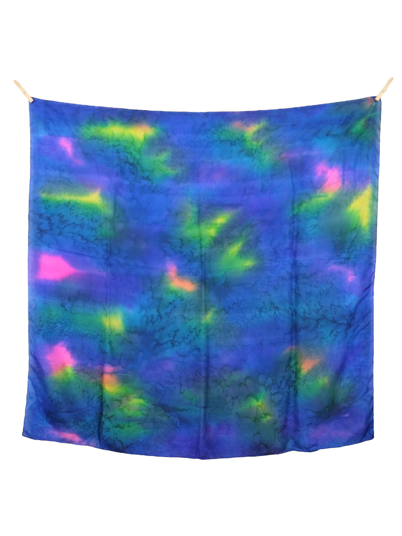 Vintage 2000s Y2K Silk Rave Festival Style Bright Neon Blue Multicoloured Acid Wash Tie Dye Large Square Bandana Neck Tie Scarf