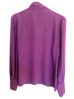 Vintage 80s Mod Hippie Glam Chic Formal Saks Fifth Avenue Plum Purple High Mockneck Pleated Long Sleeve Cuffed Blouse | Size S-M