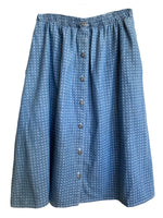 Vintage 80s Bohemian Medium Wash Blue Denim High Waisted Geometric Squares Print Button Down Midi Circle Skirt | Size 28-34 Inch Waist