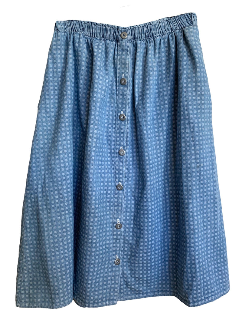 Vintage 80s Bohemian Medium Wash Blue Denim High Waisted Geometric Squares Print Button Down Midi Circle Skirt | Size 28-34 Inch Waist