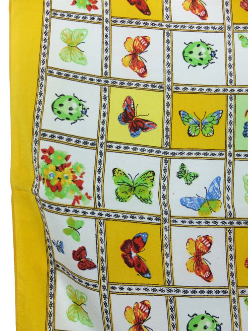 Vintage 90s Silk Cottage Prairie Milkmaid Butterfly Ladybug & Floral Print Bright Yellow Square Bandana Neck Tie Scarf