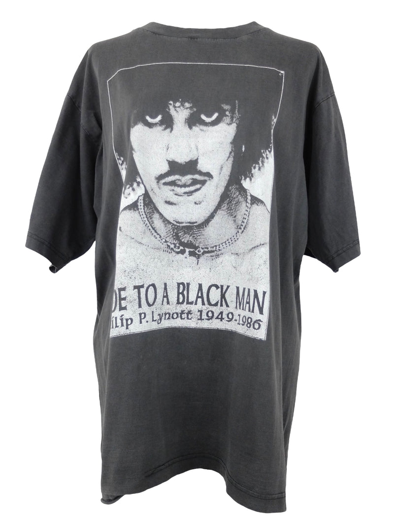 Vintage 80s Ode to a Black Man Philip Lynott of Thin Lizzy Grey Graphic Rare Cotton Crew Neck Rock Band T-Shirt