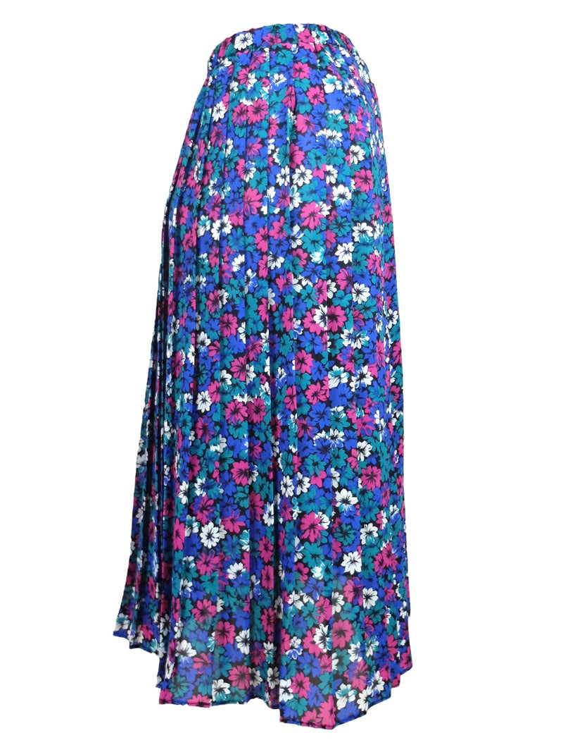 Vintage 80s Bright Floral Patterned High Waisted Elasticated Waist Pleated Summer Midi Skirt | 31-39 Inch Waist