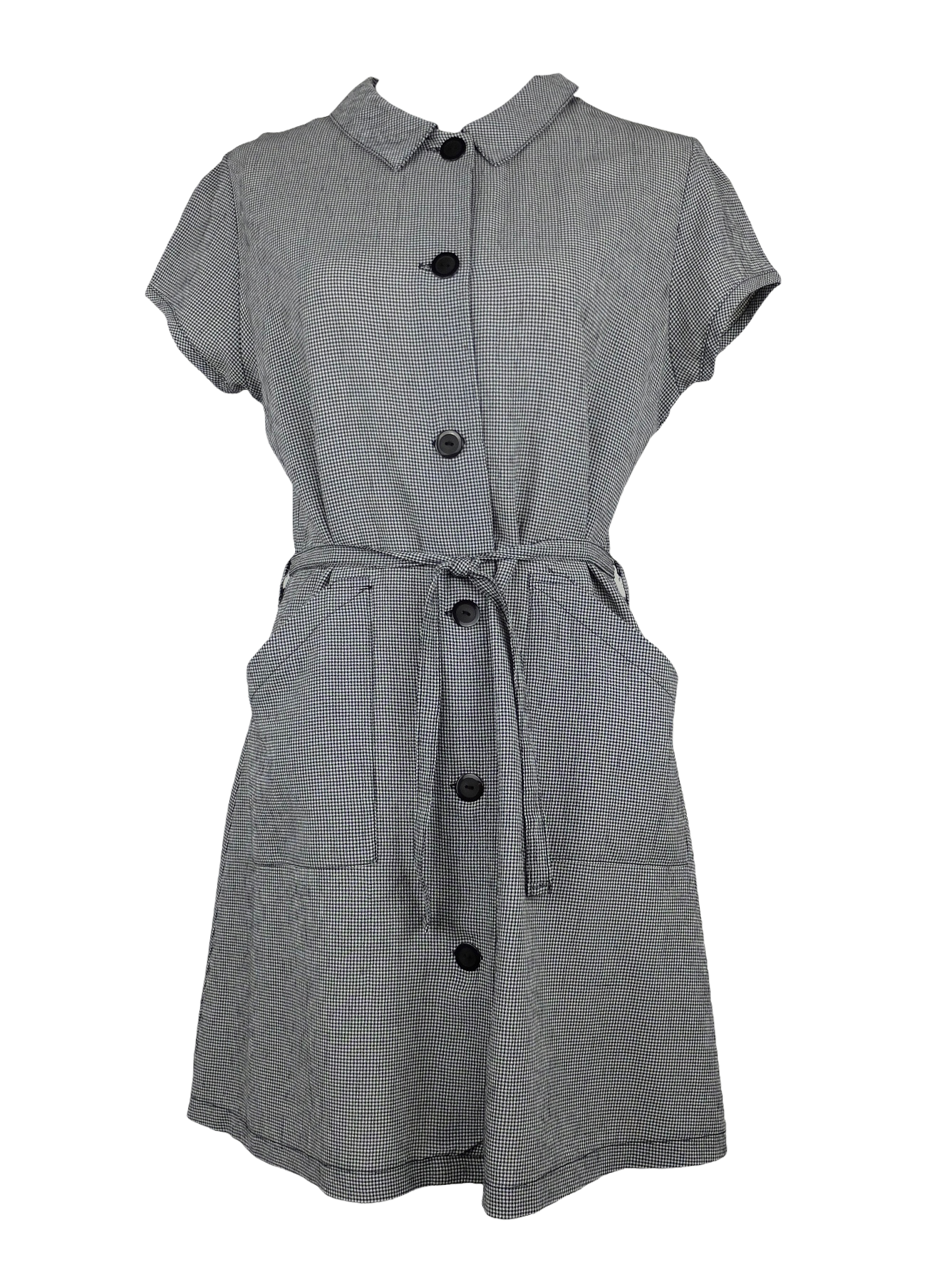 Vintage 2000s Y2K Feminine Chic Casual Black & White Gingham Check Print Collared Button Down Midi Dress with Belt Tie | Size M