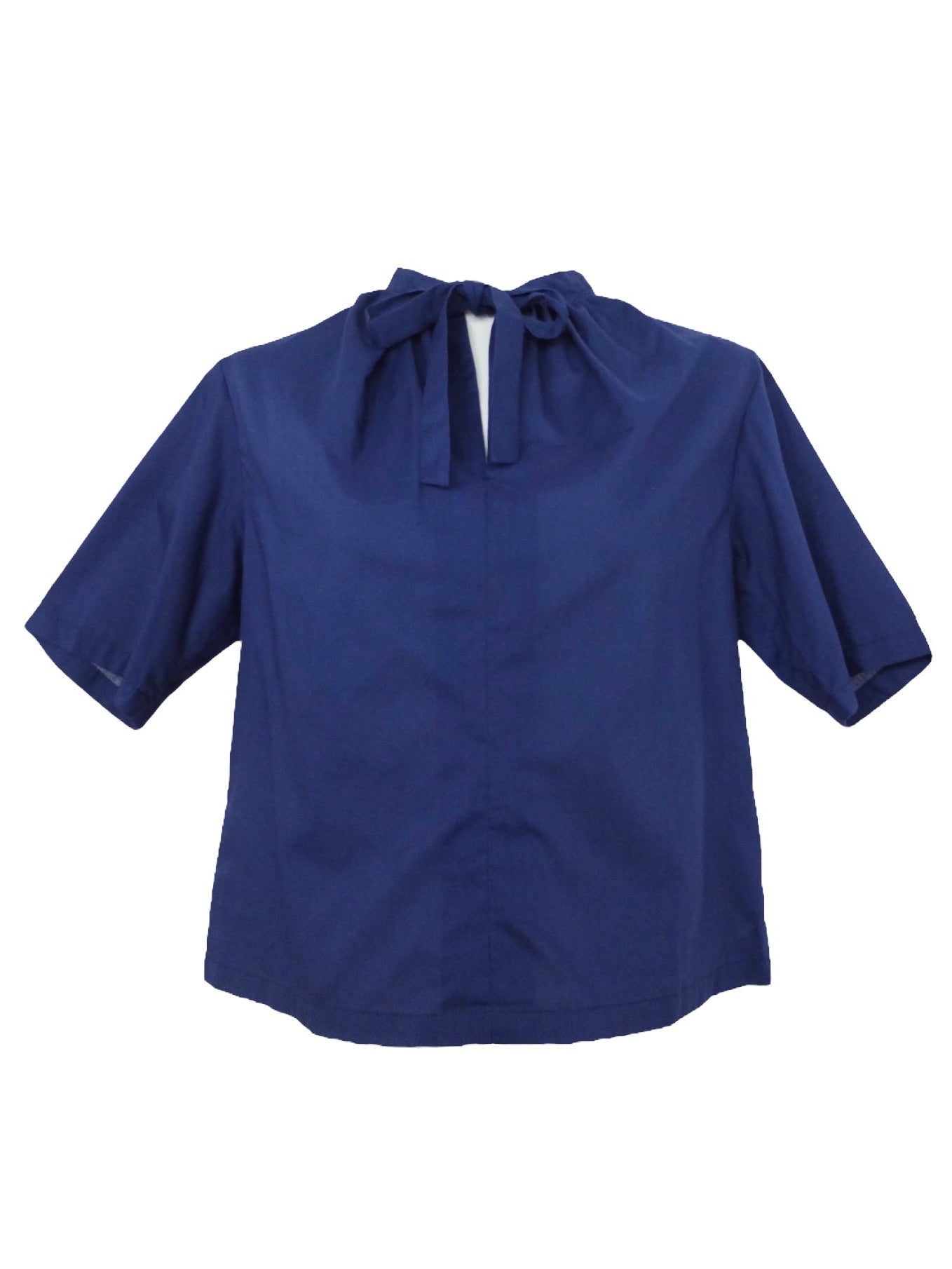 Vintage 70s Mod Cottagecore Hippie Prairie Milkmaid Navy Blue Half Sleeve Keyhole Pussy Bow Cotton Blouse | Size XXS-XS