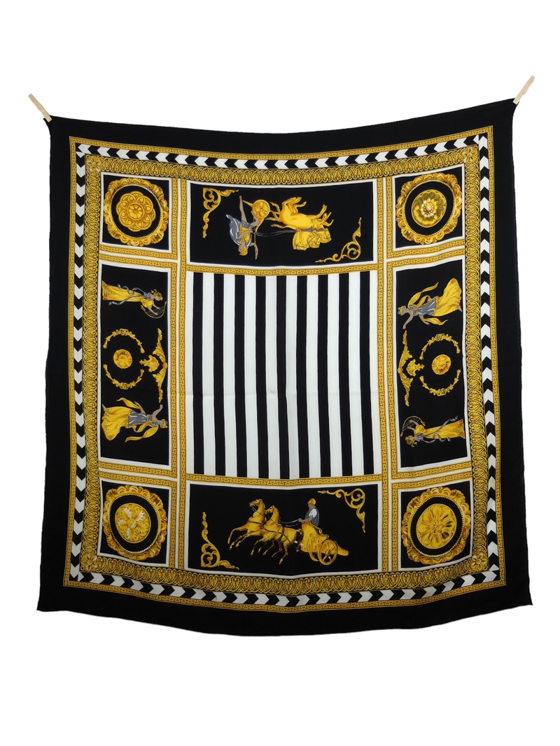Vintage 90s Silk Regency Chic Baroque Gold Black & White Striped Graphic Print Square Bandana Neck Tie Scarf