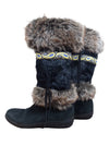 Vintage 90s Buffalo London Hippie Festival Style Black & Brown Furry Knee High Side Zip Up Eskimo Boots with Paisley Print Trim | Women’s Size US 7.5 | UK 5-6 | EU 38-39