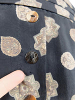 Vintage 80s Bohemian Hippie Festival Black & Beige Paisley Patterned Button Down Full Circle Midi Skirt | 37 Inch Waist