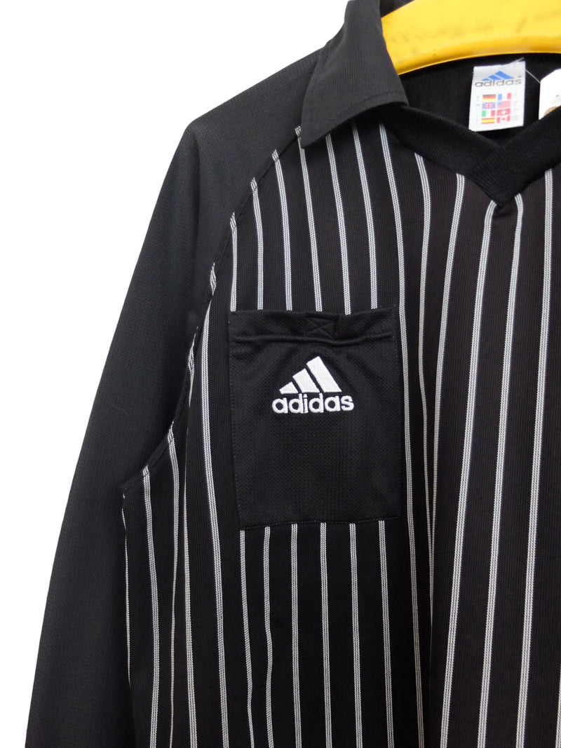 Vintage 90s Y2K Adidas Black & White Striped Long Sleeve Collared V-Neck Pullover Jersey Shirt | Men’s Size M | Women’s Size L