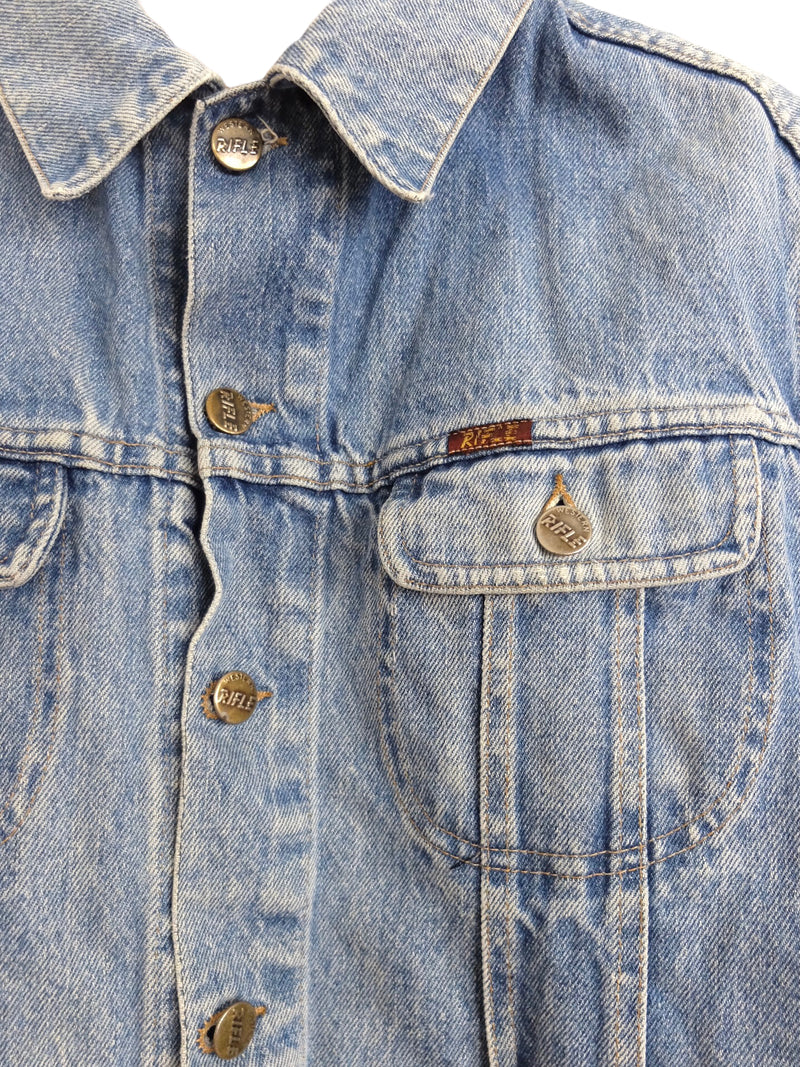 Vintage 80s Streetwear Utilitarian Bohemian Western Medium Wash Denim Collared Jean Jacket