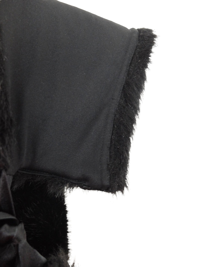 Vintage 90s Y2K does 60s Mod Black Faux Fur Capelet Stole with Silky Ribbon Tie Closure | Size XS-S