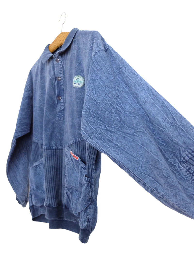 Vintage 80s Streetwear Collared Oversized 1/4 Button Pullover Dark Wash Jean Denim Shirt with Golf Patch | Women’s Size S-M | Men’s Size XS-S