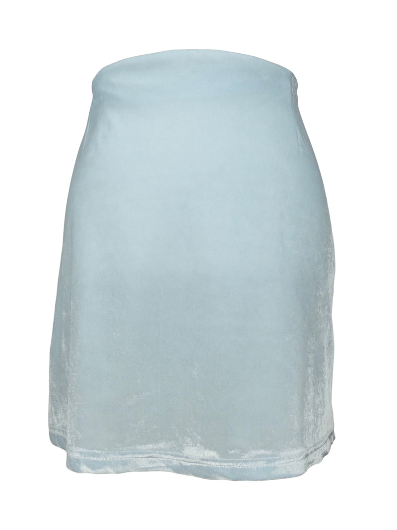 Vintage 90s Balletcore Pastel Baby Blue Crushed Velvet A-Line Fitted Mini Skirt | 27 Inch Waist