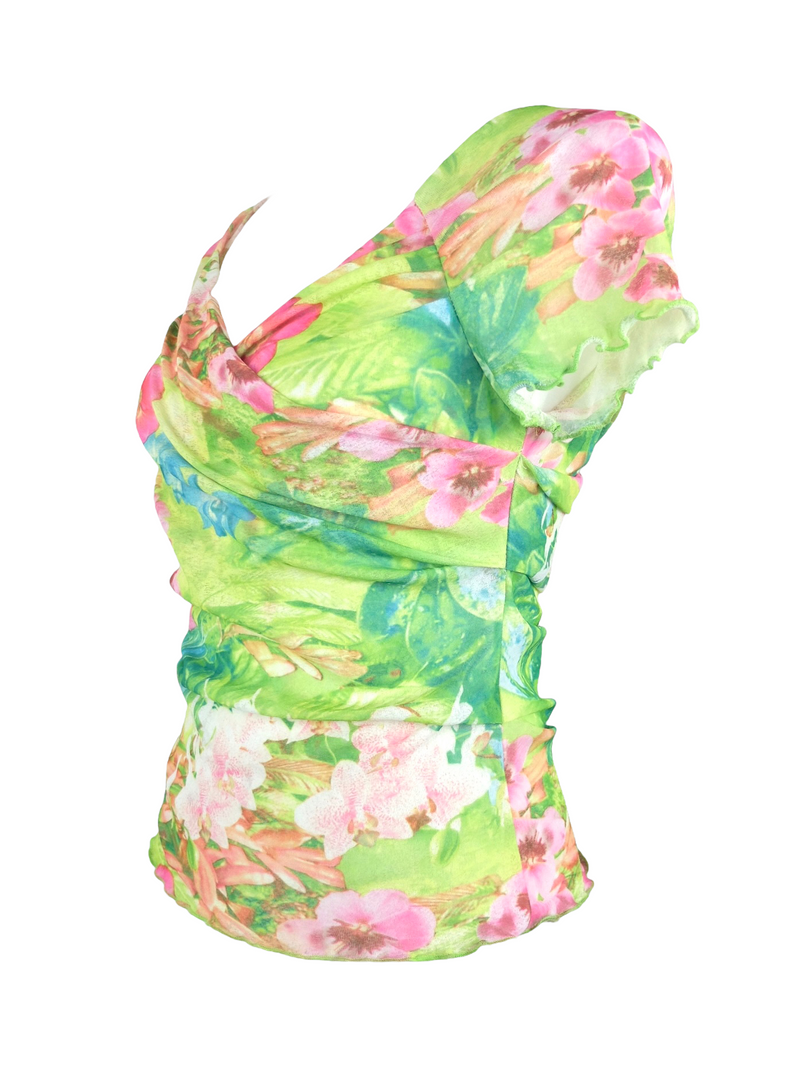 Vintage 2000s Y2K Tropical Mesh Lettuce Hem Draped Green Pink & Blue Floral Print Short Sleeve V-Neck Blouse | Size M-L