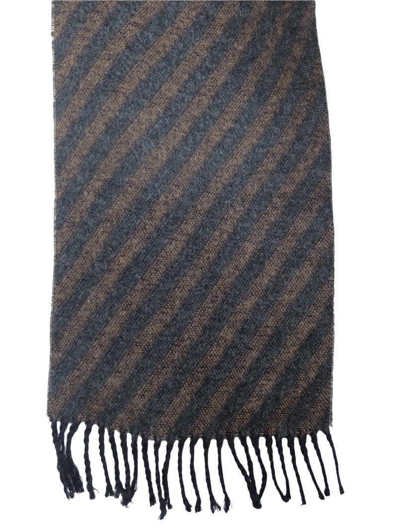 Vintage 70s Wool Mod Psychedelic Bohemian Grey & Brown Diagonal Stripes Fringed Long Winter Scarf