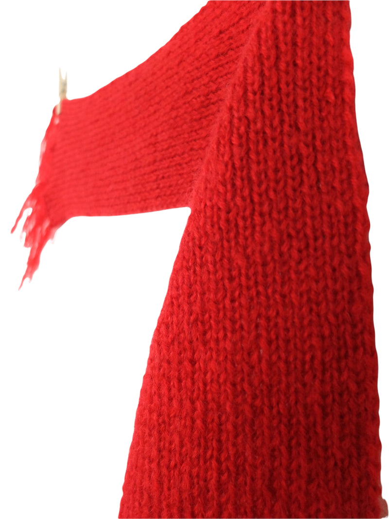 Vintage 70s Mod Hippie Bright Cherry Red Knit Fringed Short Fringed Wrap Winter Scarf
