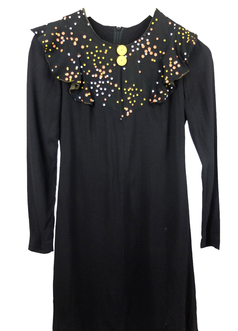 Vintage 1960's Little Black Mod Psychedelic Abstract Polka Dot Ruffle Long Sleeve Above the Knee Dress
