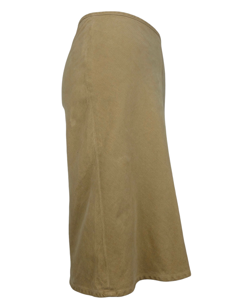 Vintage 2000s Y2K Bohemian Chic Tan Corduroy A-Line Fitted Pencil Midi Skirt | 28 Inch Waist
