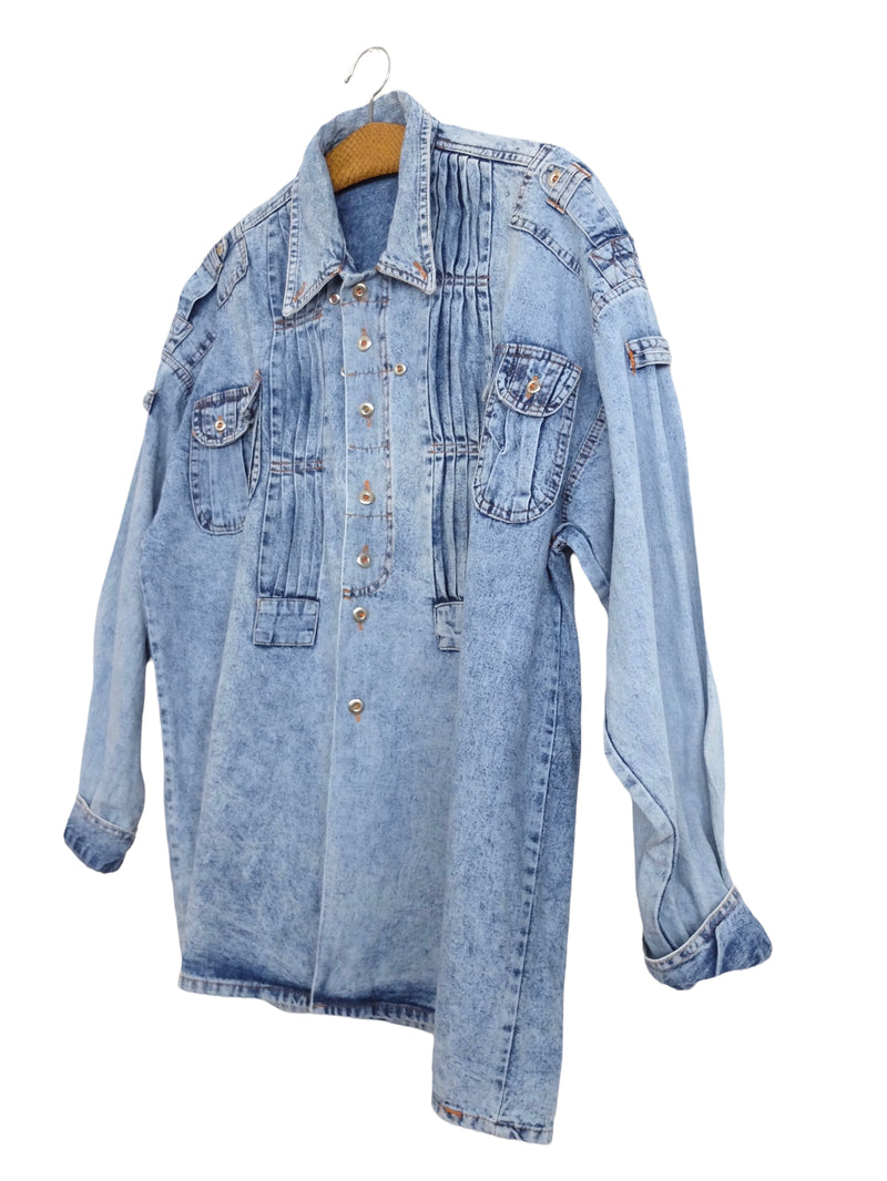 Vintage 80s Bohemian Streetwear Utilitarian Acid Wash Collared Long Sleeve Button Up Shirt | Men’s Size L | Women’s Size XXL